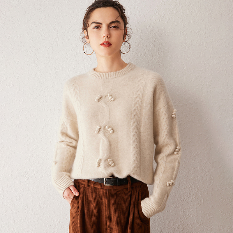 2024冬季新款纯山羊绒衫宽松休闲女士圆领毛衣加厚绞花上衣