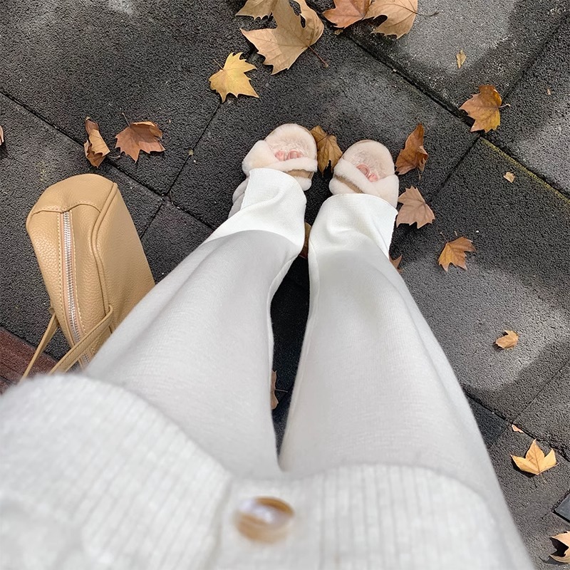 77store 开叉休闲裤针织女冬季阔腿米白色高腰直筒拖地长裤子