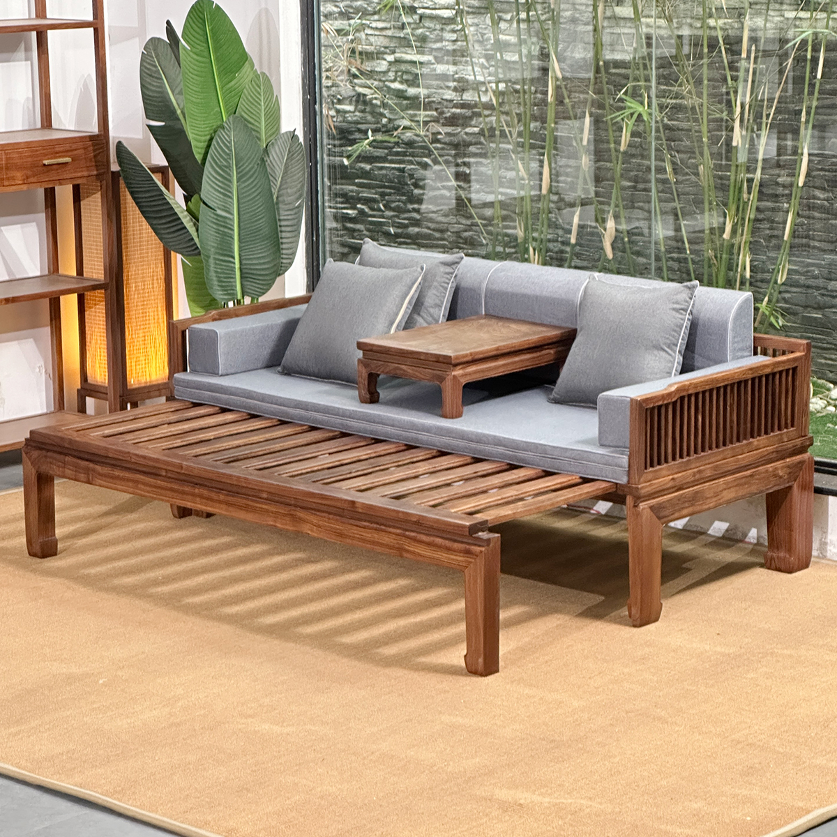 敬德2号黑胡桃木新中式罗汉床实木推拉两用客厅沙发床罗汉榻