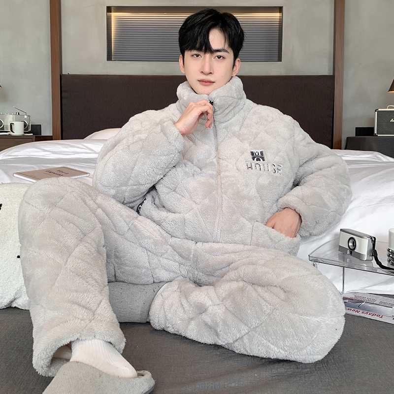 2024新款冬季男士睡衣冬款加厚加绒珊瑚绒三层夹棉袄秋冬天家居服