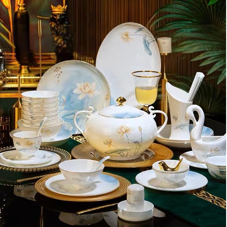 景德镇《新荷塘月色》高温骨瓷轻奢高档家用中式简约光釉面高骨瓷