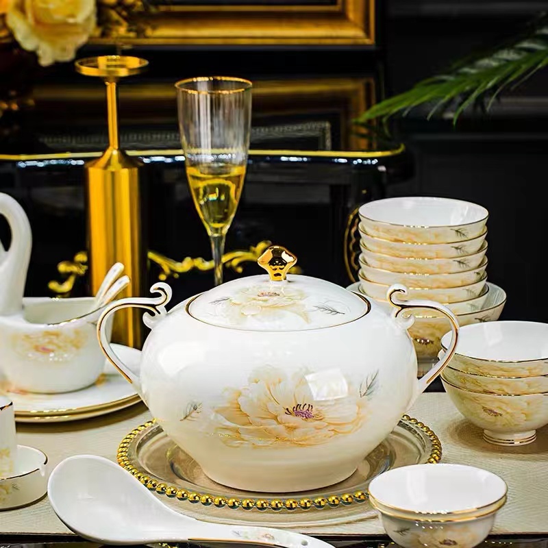 《国色天香》景德镇高档骨瓷餐具家庭新中式60件套家用碗碟盘陶瓷