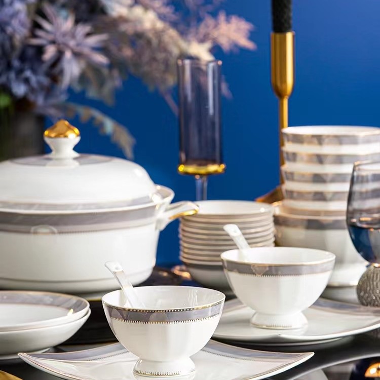 《暗里着迷》景德镇高温骨瓷陶瓷高档餐具套装碗盘家用切割纹光釉面