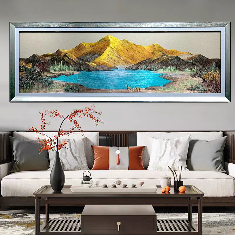 高端客厅背景装饰画轻奢高级感新品横版聚宝盆刺绣挂画织锦沙发画