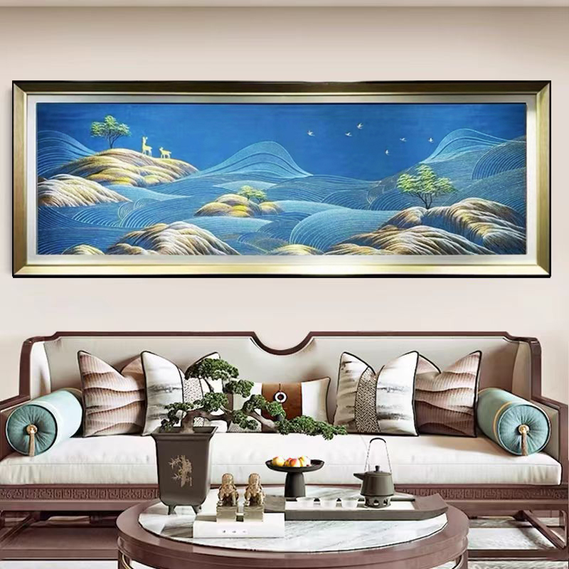 高端客厅背景装饰画轻奢高级感新品横版群山福禄床头刺绣挂画织锦