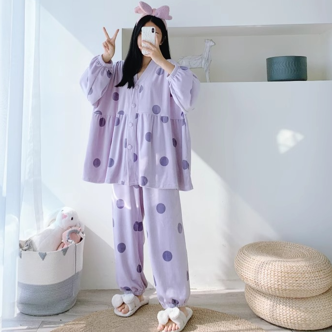 开衫波点蝙蝠款海岛绒V领睡衣冬季加大码套装胖mm200斤加绒家居服
