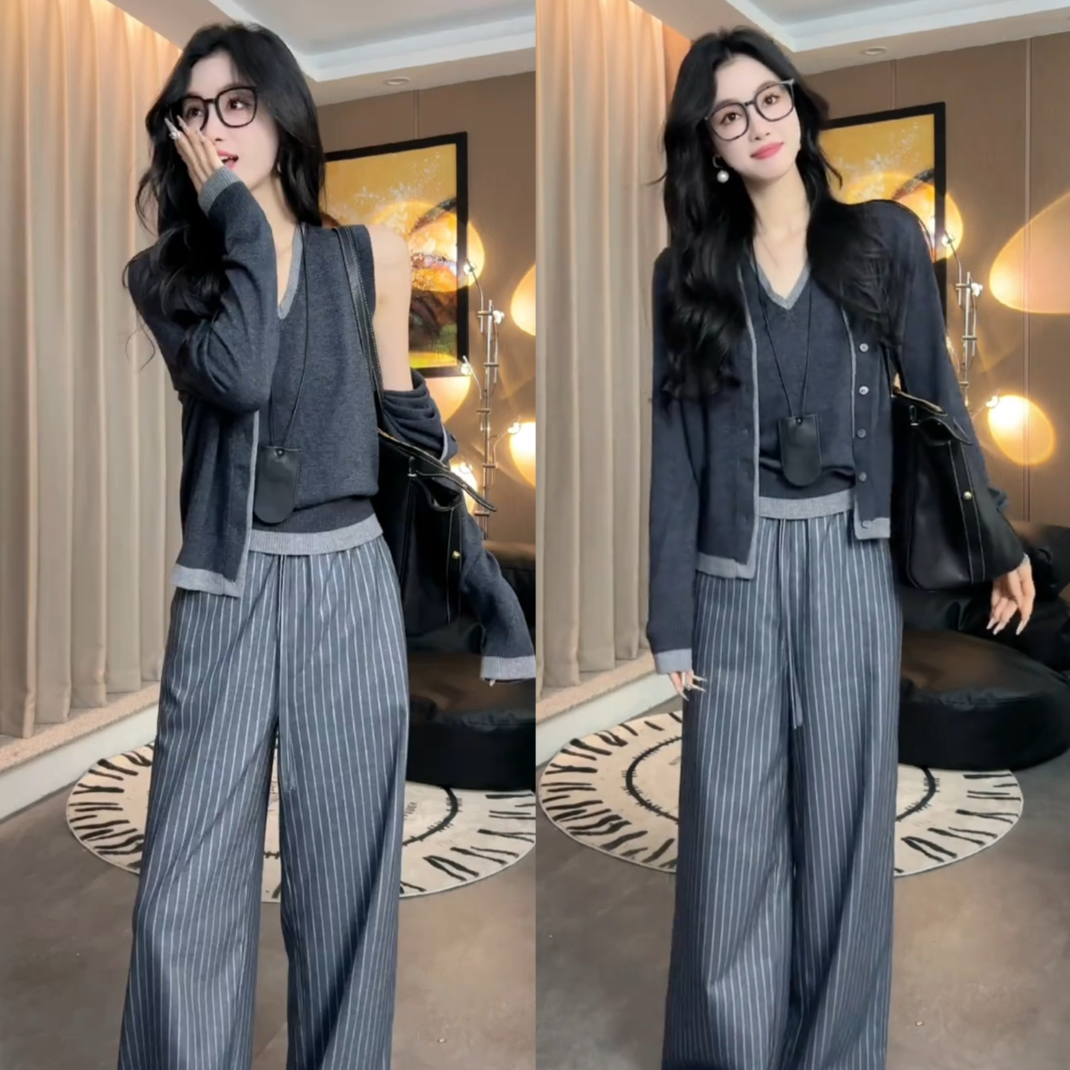 撞色拼接针织开衫+拼接V领无袖马甲+高腰休闲时尚抽绳宽松条纹裤