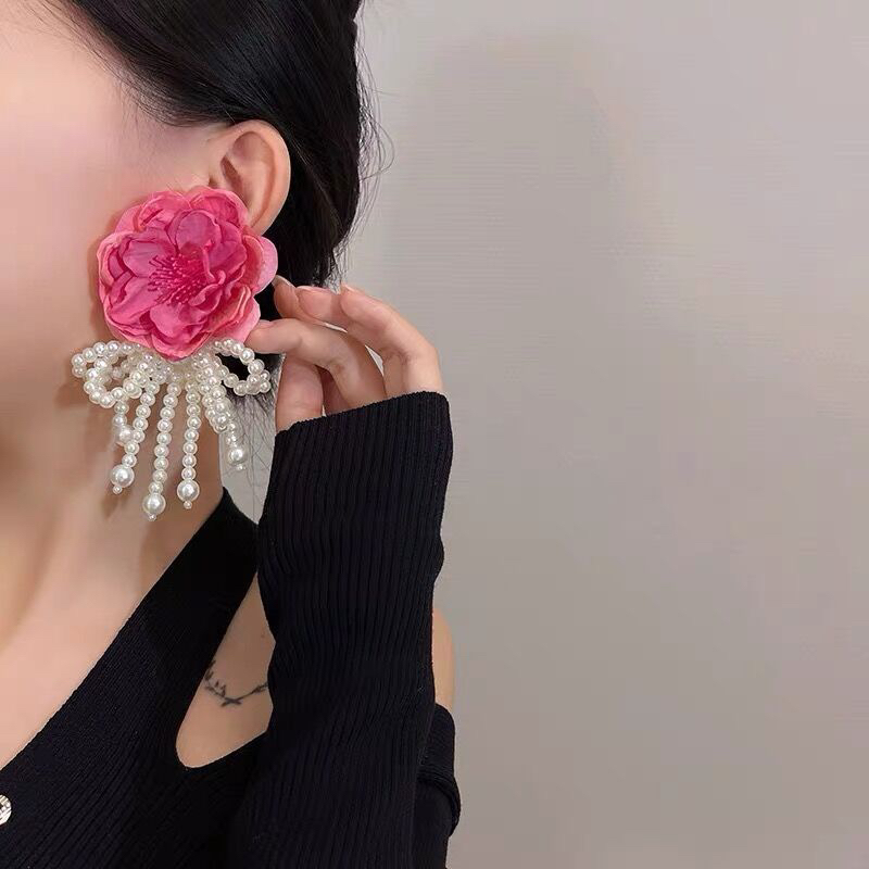 合金布艺耳饰 花朵流苏耳环少女仙气森系夸张温柔优雅超仙法式