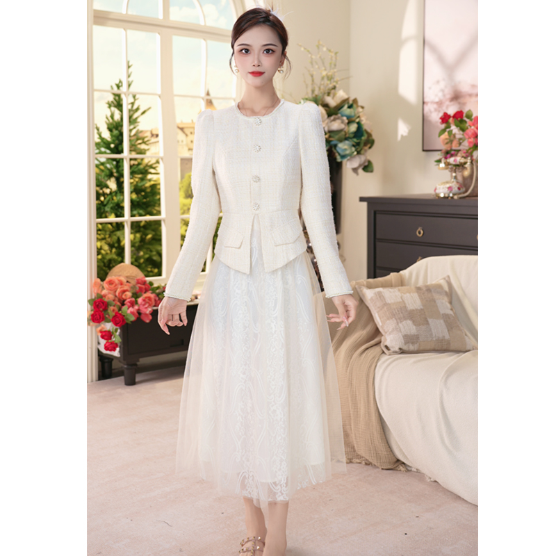 VELVETINE绒雅新中式小香风蕾丝连衣裙网纱气质显瘦裙子8233659