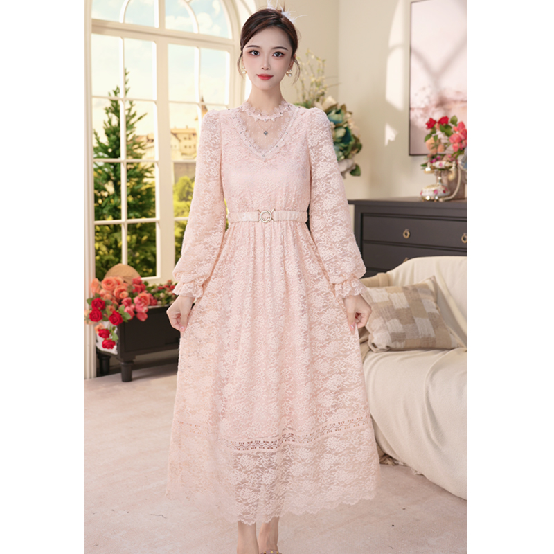 VELVETINE绒雅秋冬磨毛蕾丝保暖加厚连衣裙法式时尚裙子8243697