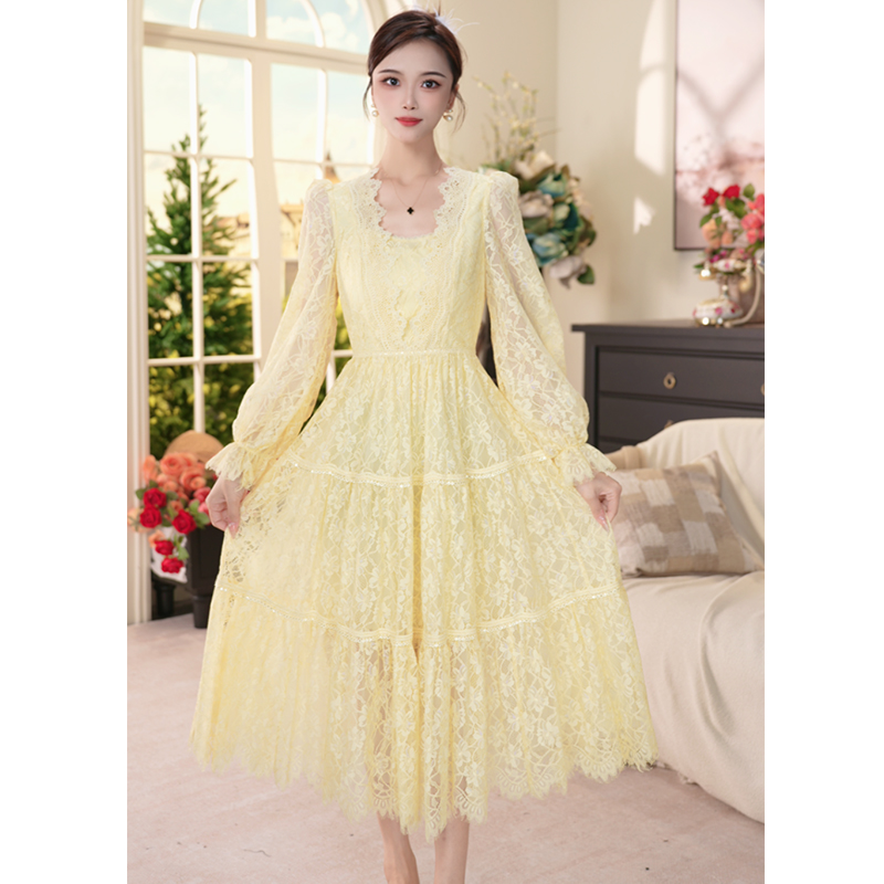 VELVETINE绒雅法式蕾丝秋季轻奢高定黄色气质时尚裙子8243690