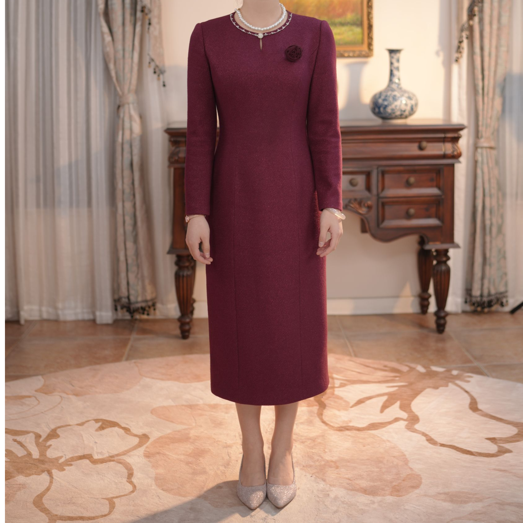 2808高端羊毛呢妈妈礼服秋冬新款喜婆婆婚宴优雅显瘦连衣裙