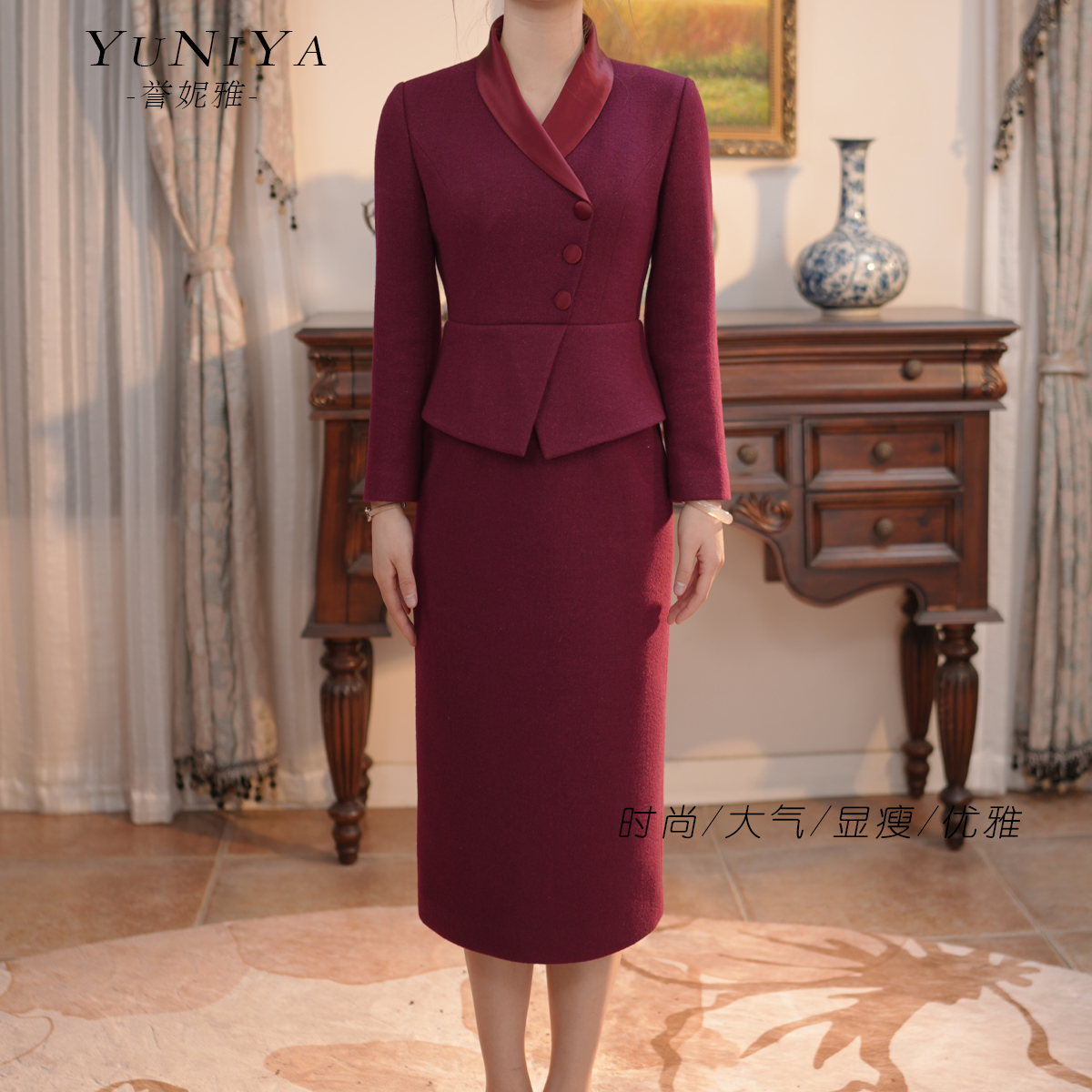 2898冬季新款喜婆婆礼服婚礼宴会礼服优雅喜妈妈礼服紫红色连衣裙