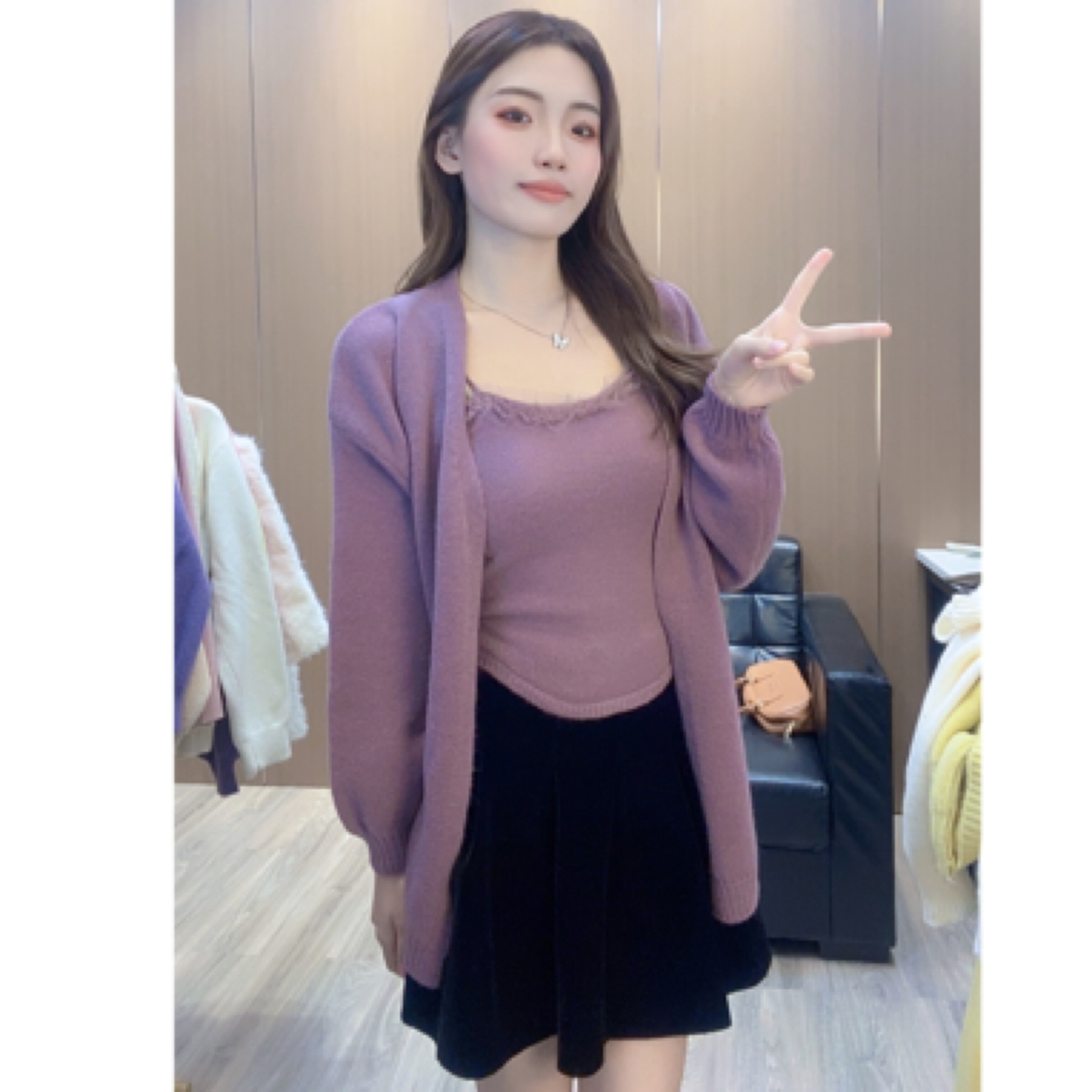 1秋冬韩系蕾丝边针织吊带开衫两件套甜辣细肩带毛衣背心外套套装