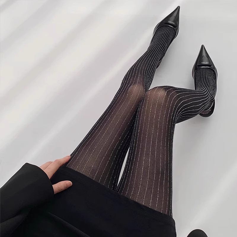 灰色丝袜竖条纹银丝连裤袜女性感纯欲黑丝薄款复古美拉德打底裤袜