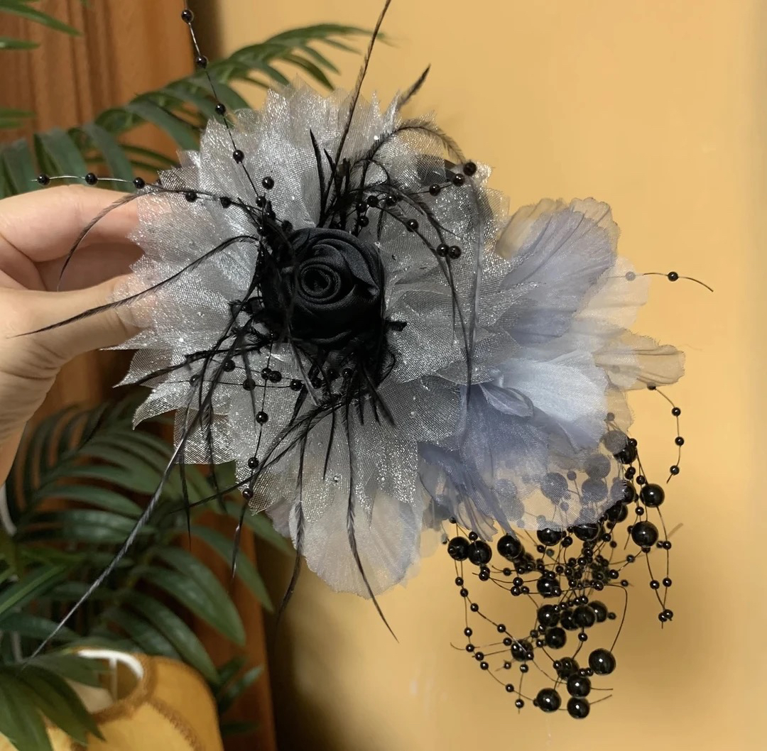 羽毛珍珠花朵抓夹女气质后脑勺盘发鲨鱼夹半扎发夹显发量头饰L210