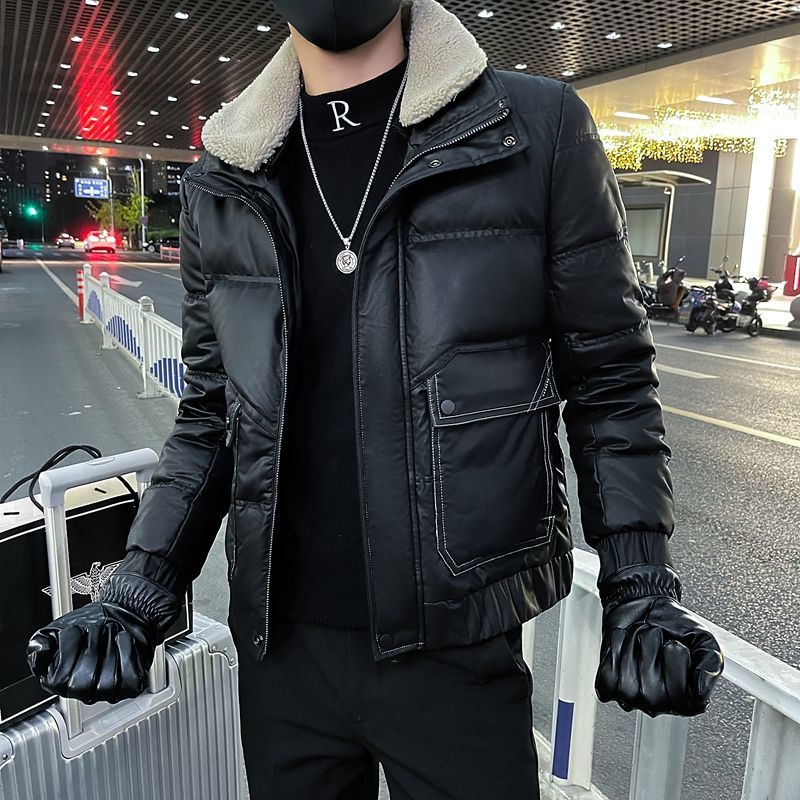 鸭鸭羽绒服男短款白鸭绒潮牌冬季2023新款潮流帅气保暖加厚皮夹克