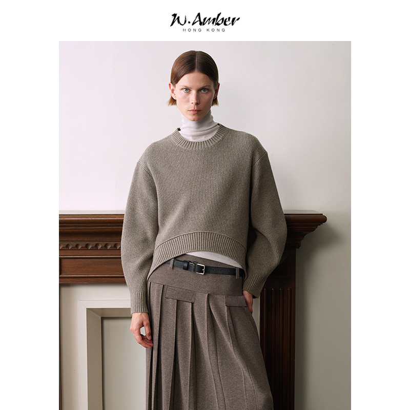 设计感时装针织显高宽松圆弧摆加厚圆领针织套衫毛衣羊毛