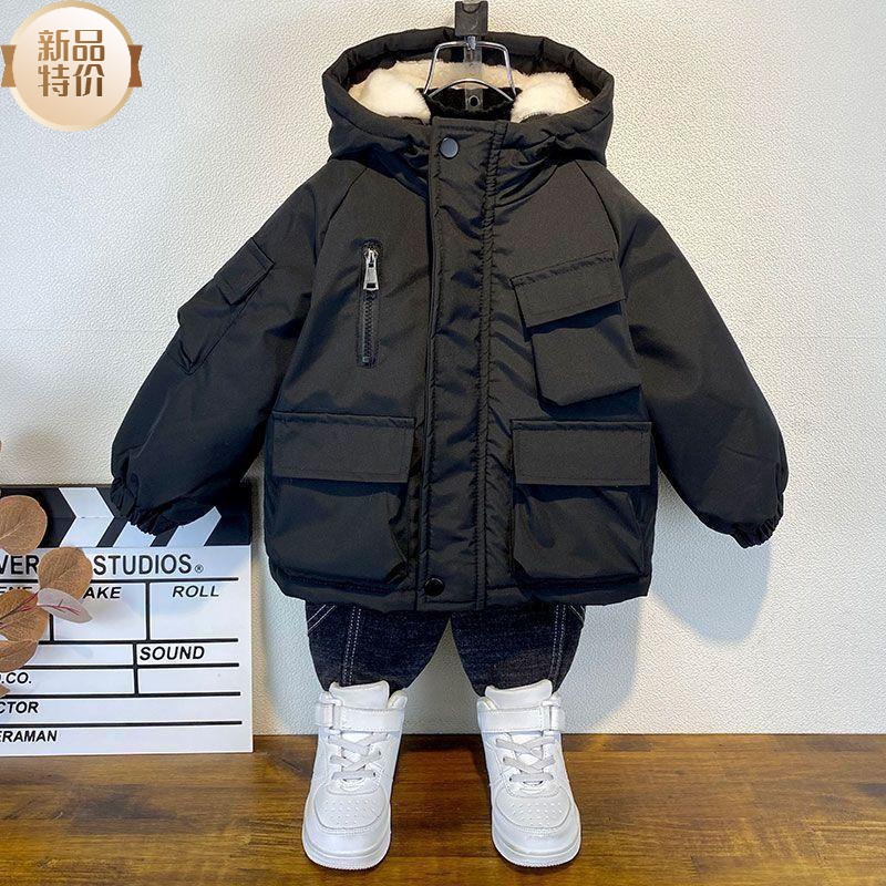 男童加绒保暖外套连帽休闲秋冬季加厚袄2023新款中大童洋气服HXC