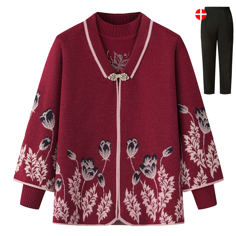 老年人奶奶毛衣妈妈装针织秋冬外套两件套保暖喜庆开衫老太太衣服