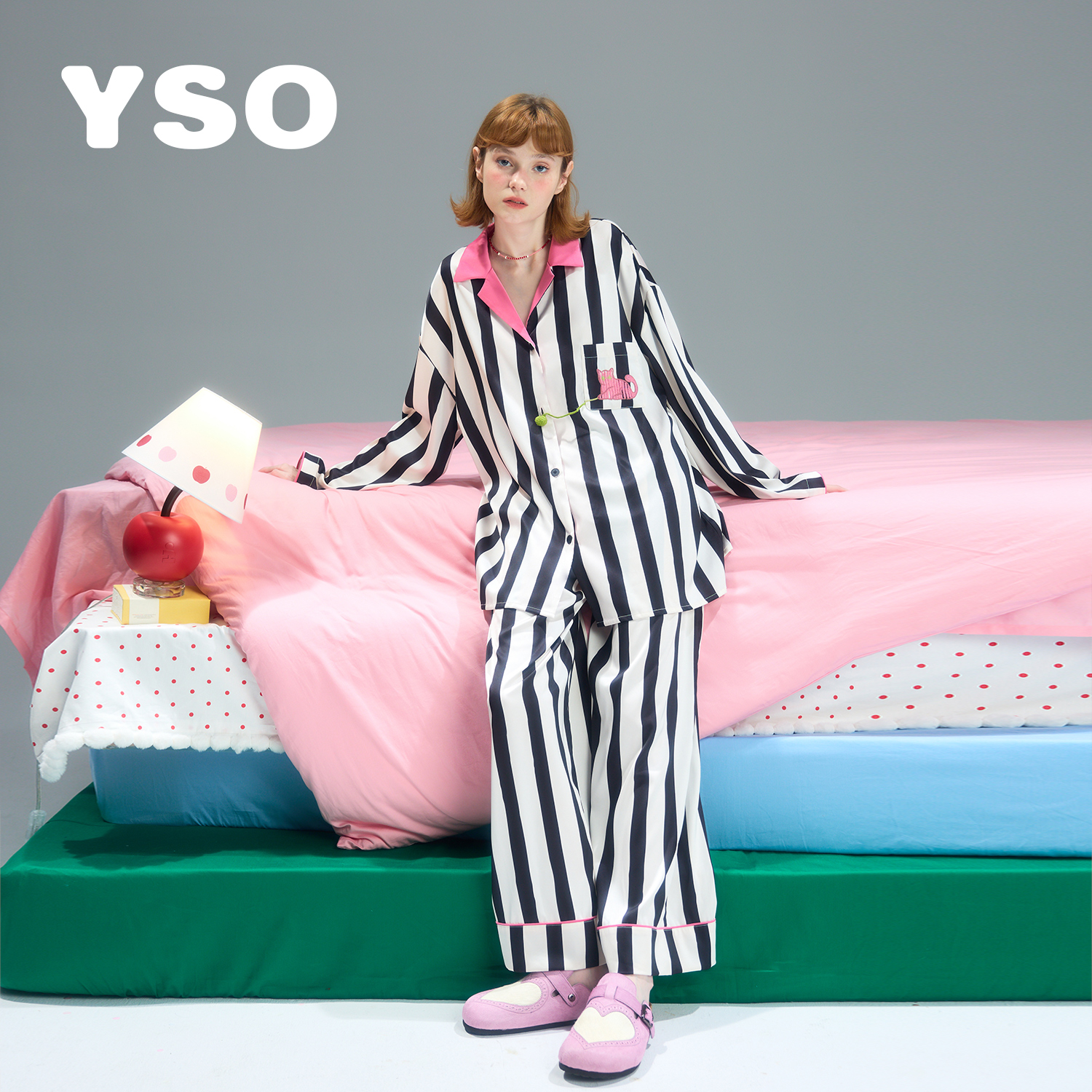 【酷猫系列】yso春秋条纹冰丝甜酷套装翻领睡衣家居服可外穿