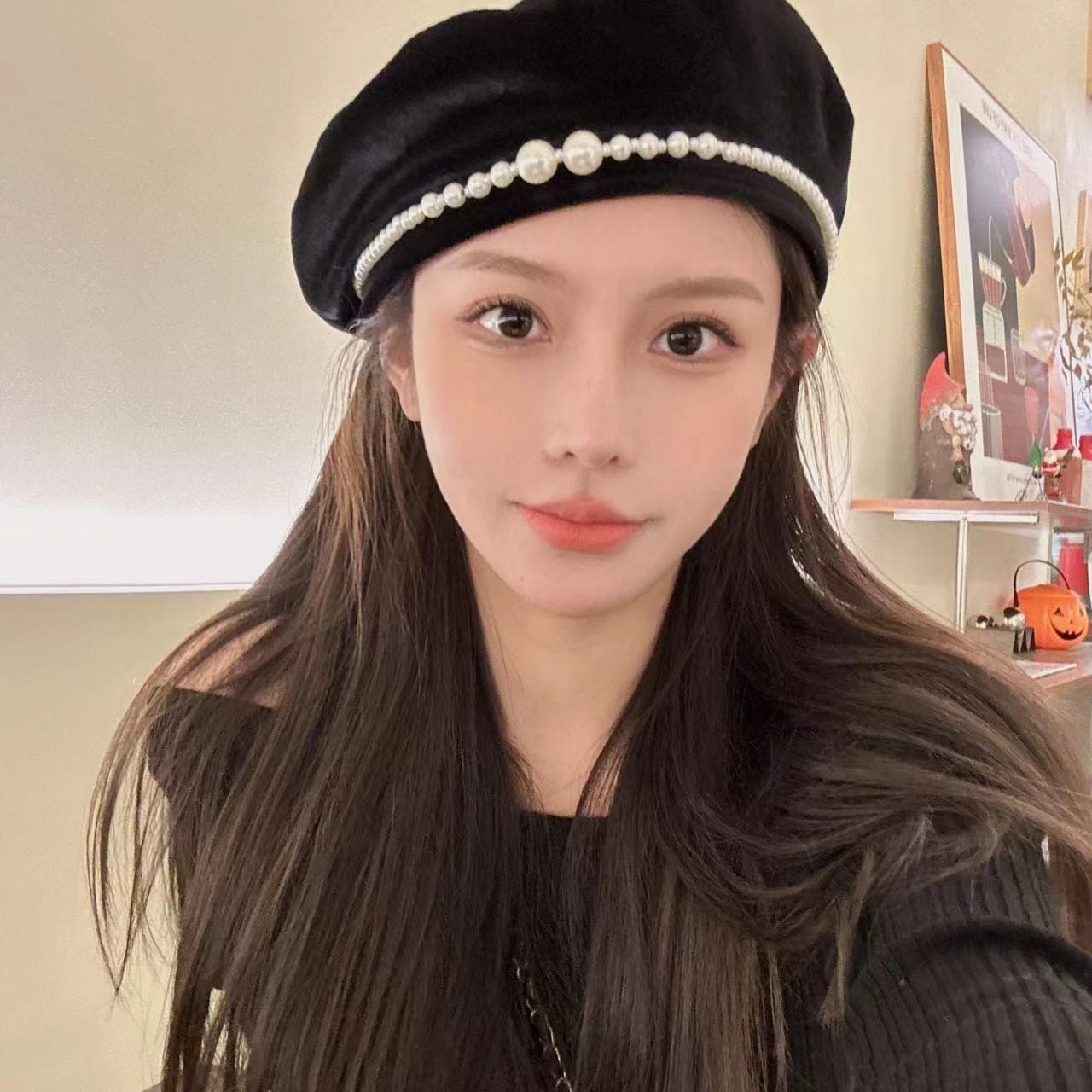 【莫莫studio】 韩版丝绒珍珠贝雷帽平顶黑色百搭网红画家复古毛呢