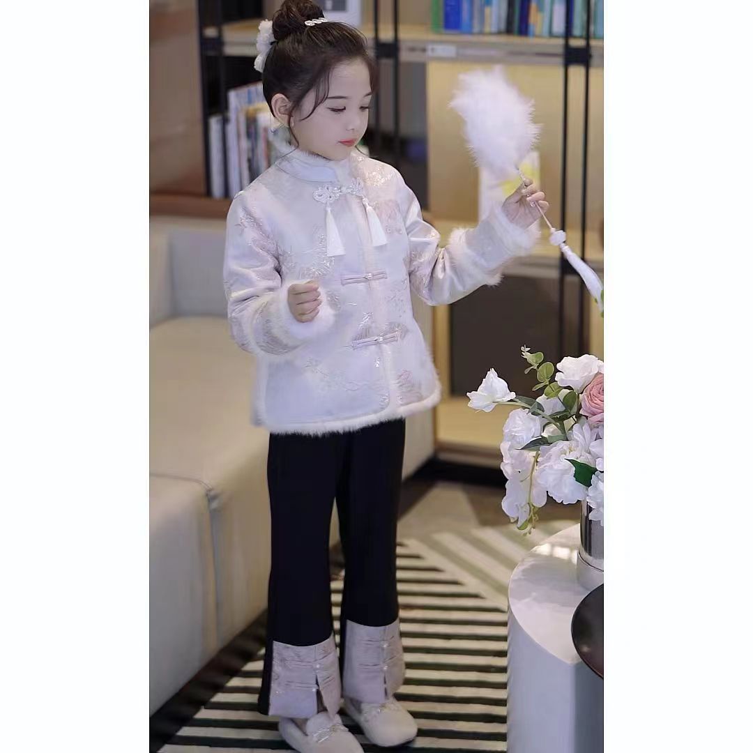 女童拜年服套装冬装新款加绒加厚袄国风刺绣中式复古唐装潮