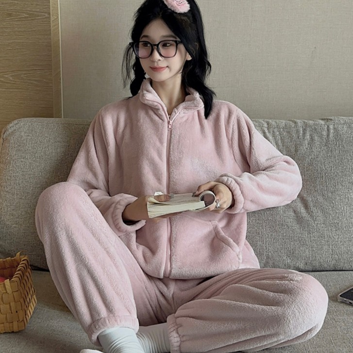 男女同款舒绵绒睡衣秋冬加绒加厚保暖纯色简约拉链高领家居服套装