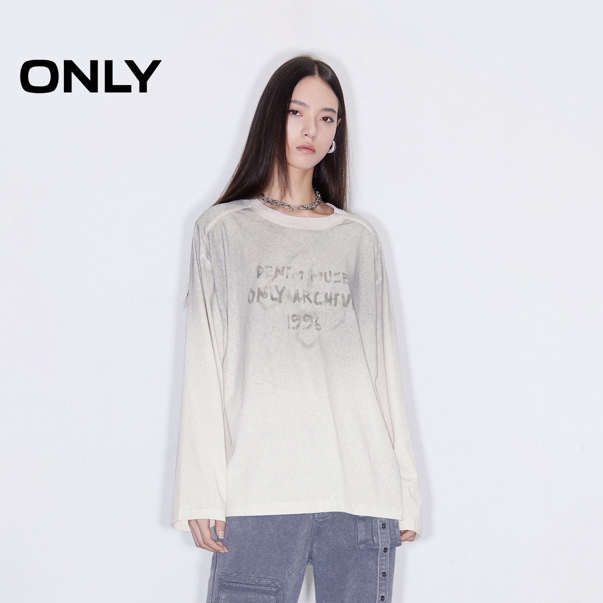 ONLY2025冬季新款休闲百搭宽松圆领字母印花长袖T恤女|125102008