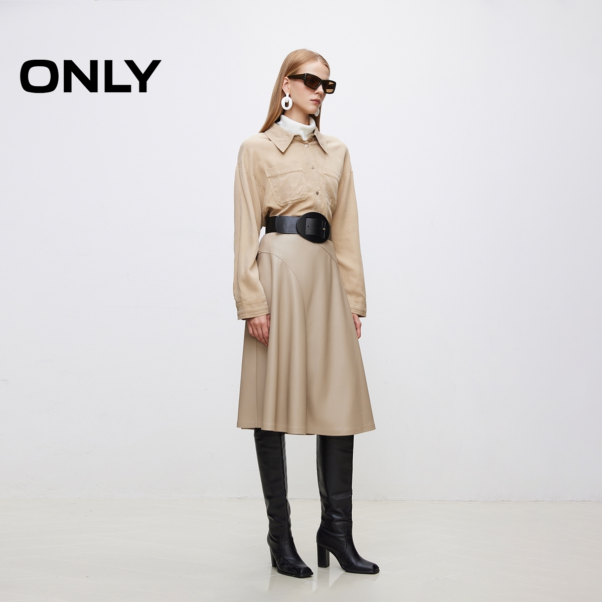 ONLY2025秋季新款气质通勤百搭显瘦PU高腰伞裙半身裙女|12436S001