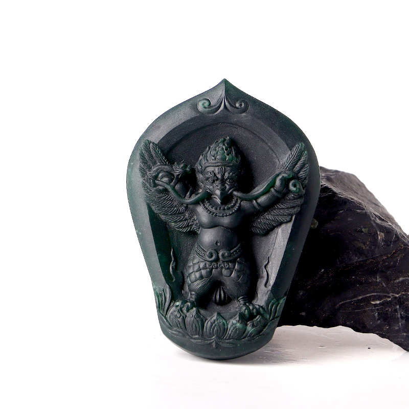 名玉艺术 天然缅甸翡翠 老蓝水 翡翠《金翅大鹏明王》翡翠吊坠 