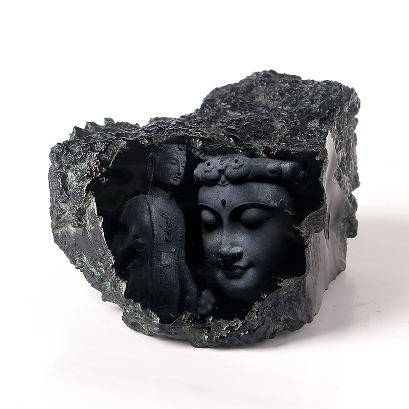 名玉艺术 天然缅甸翡翠 墨翠 《石窟印象》墨翠摆件 翡翠原石摆件