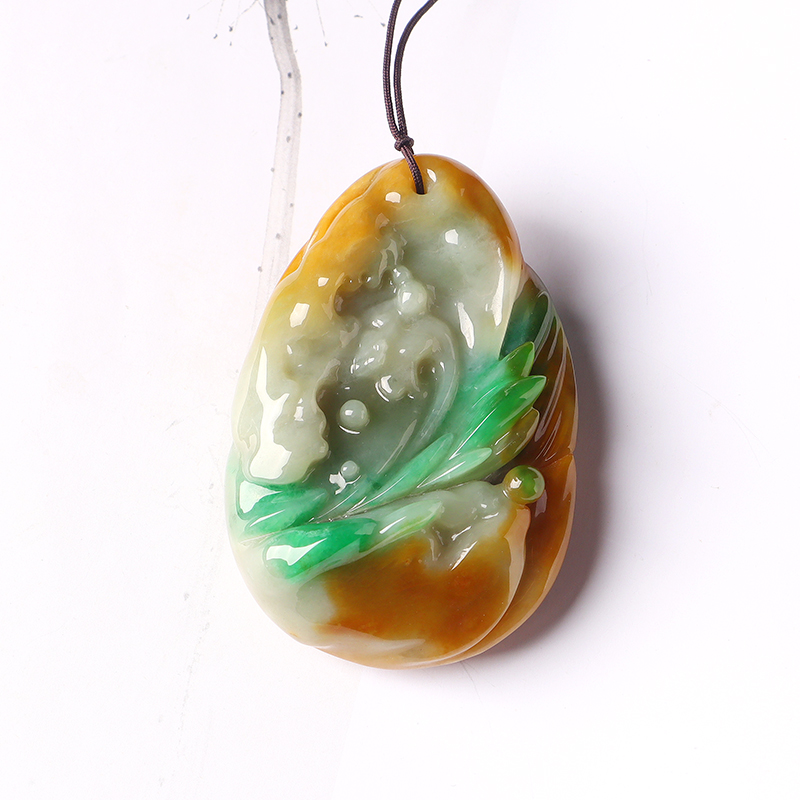 名玉艺术 天然缅甸翡翠 黄加绿翡翠 俏色巧雕《力争上游》翡翠挂件