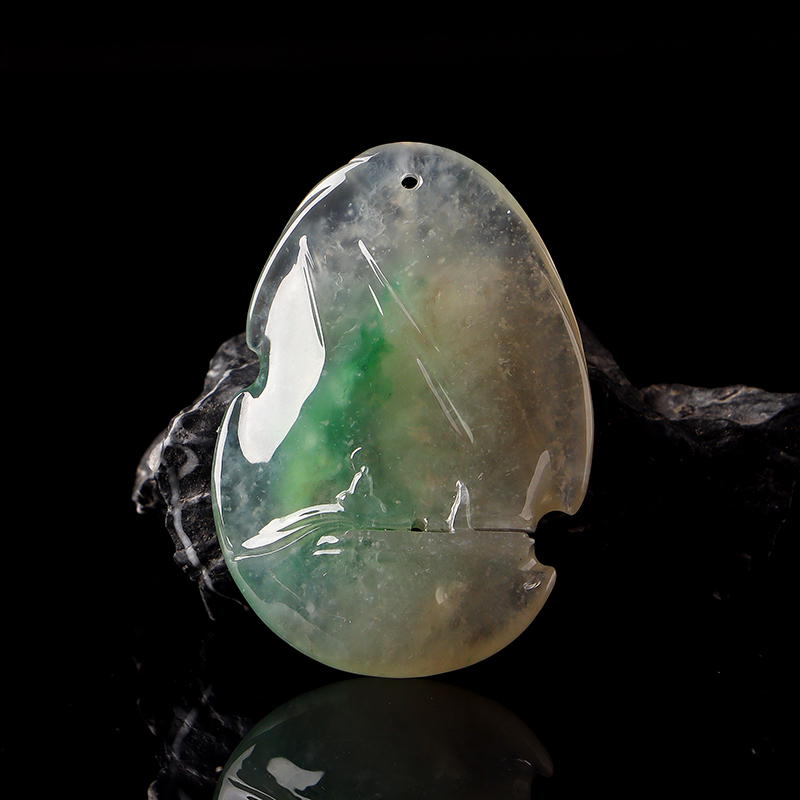 名玉艺术 天然缅甸翡翠 冰种藕粉底飘绿 翡翠《论道》翡翠挂件 吊坠