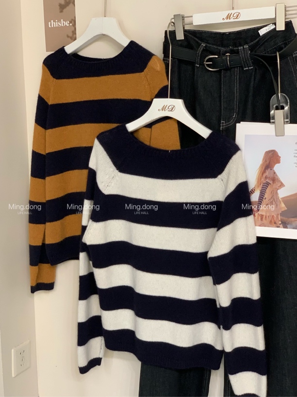 【M.D】韩版粗条纹撞色宽领针织毛衣