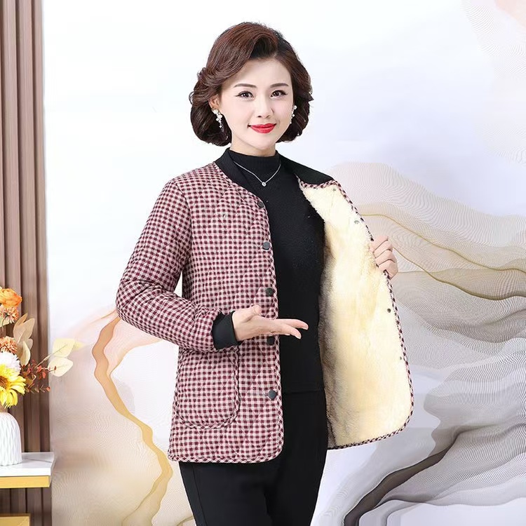 新款秋冬立领格子加绒加厚保暖时尚洋气妈妈外套
