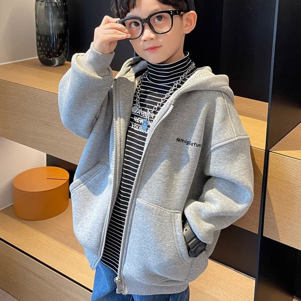 男童外套加绒秋冬季2023新款童装中大儿童棒球服男孩连帽加