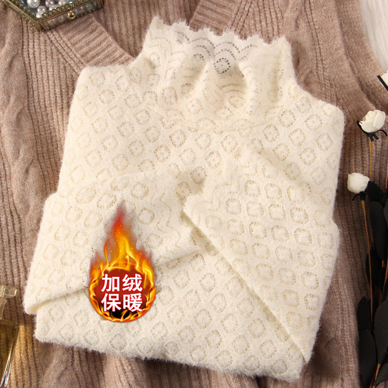 加绒高档高领磨毛蕾丝打底衫女秋季新款洋气网纱内搭长袖上衣女潮