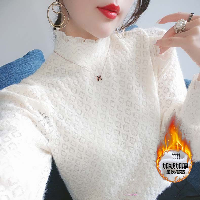 加绒秋冬款蕾丝长袖打底衫显瘦半高领内搭可外穿小衫高档上衣女潮