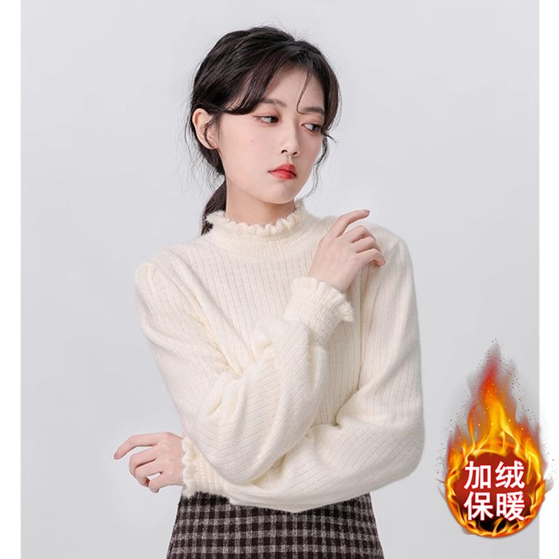 2025加绒冬季新款半高领木耳边外穿打底衫蕾丝加厚洋气针织衫内搭