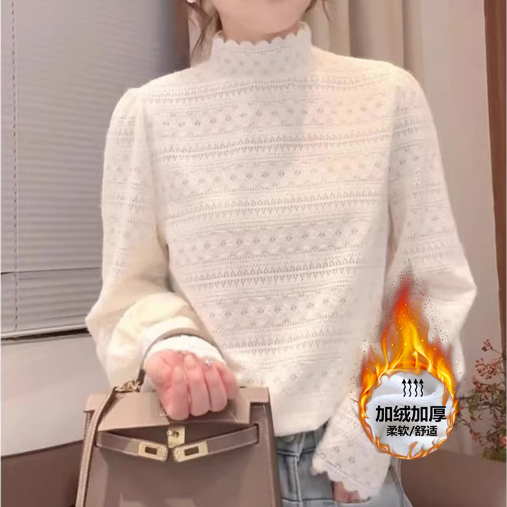 设计感磨毛蕾丝边打底衫T恤女秋冬高级感法式钩花半高领长袖上衣