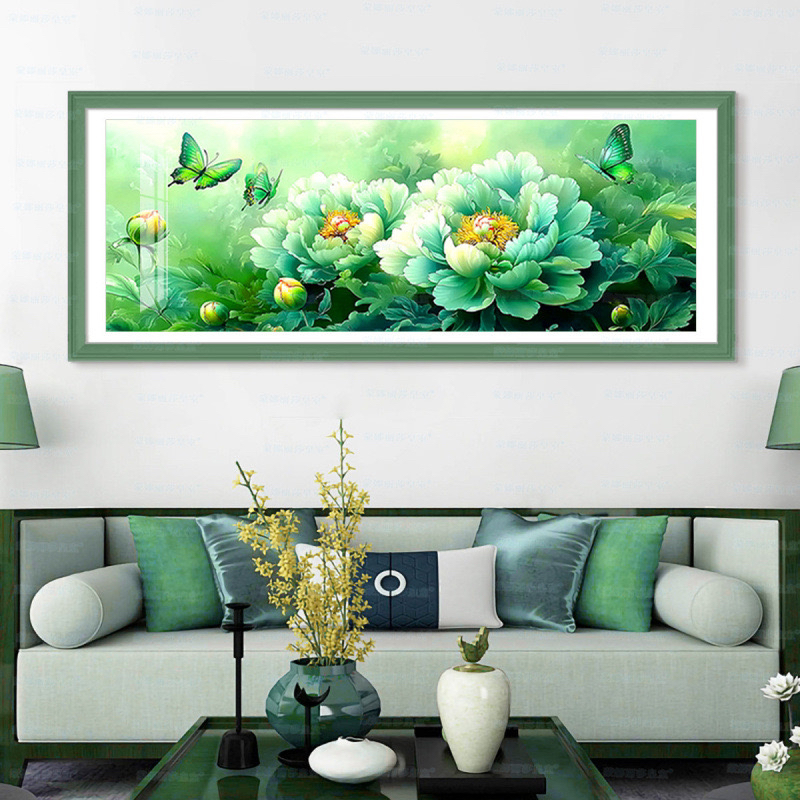 【500】蝶戏绿牡丹十字绣大格四股180×70