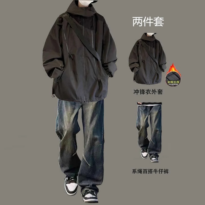 户外机能冲锋衣男棉衣套装秋冬季工装风夹克宽松加绒加厚外套棉服