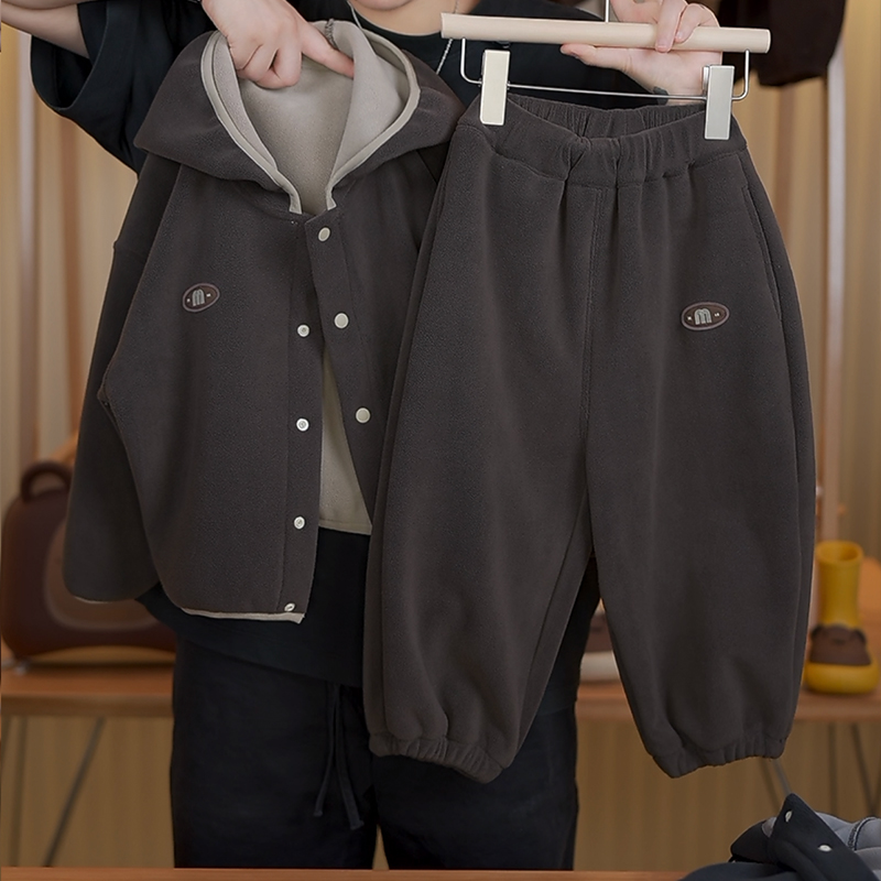 儿童套装双面奥利绒秋冬新款男童洋气加厚韩版两件套男宝时髦冬装
