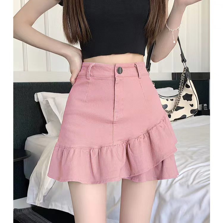 不规则荷叶边半身裙2025夏高腰a字包臀显瘦白色牛仔短裙女防走光