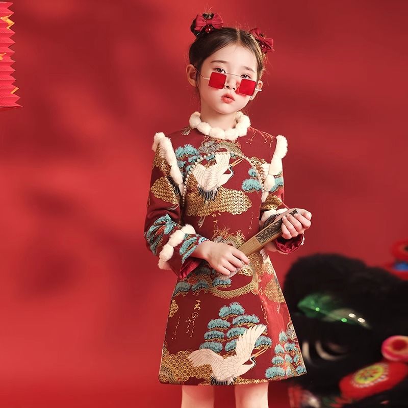女童旗袍裙冬装中国风儿童红色改良拜年服小女孩过年衣服冬季加绒