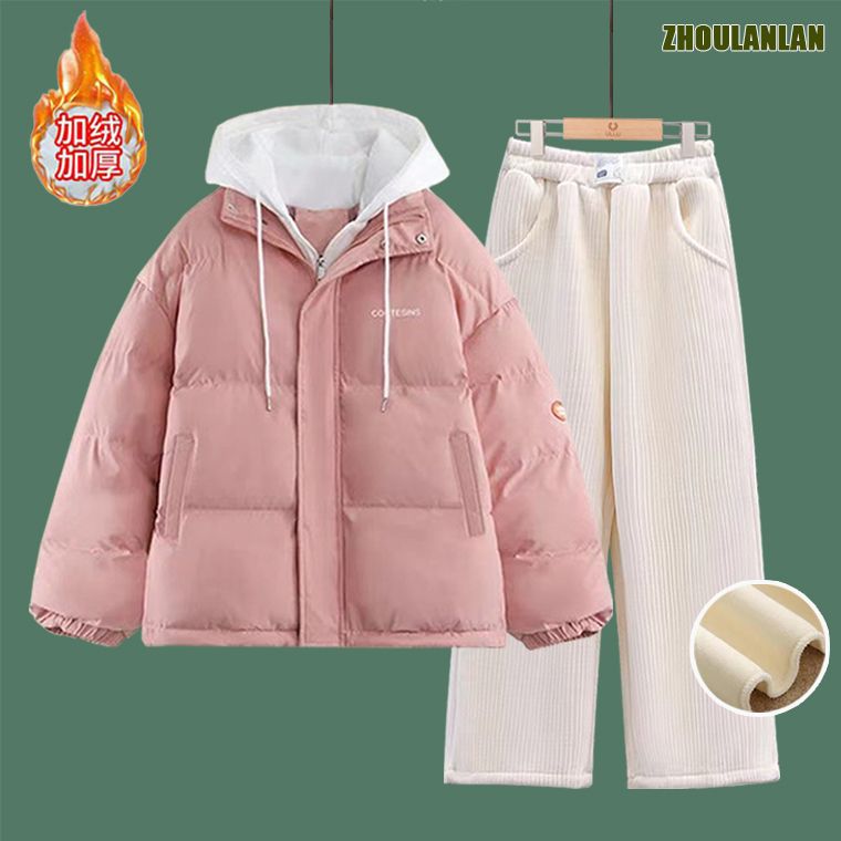 2024冬季新款女童面包服阔腿裤套装学生宽松棉袄冬天过年简约穿搭