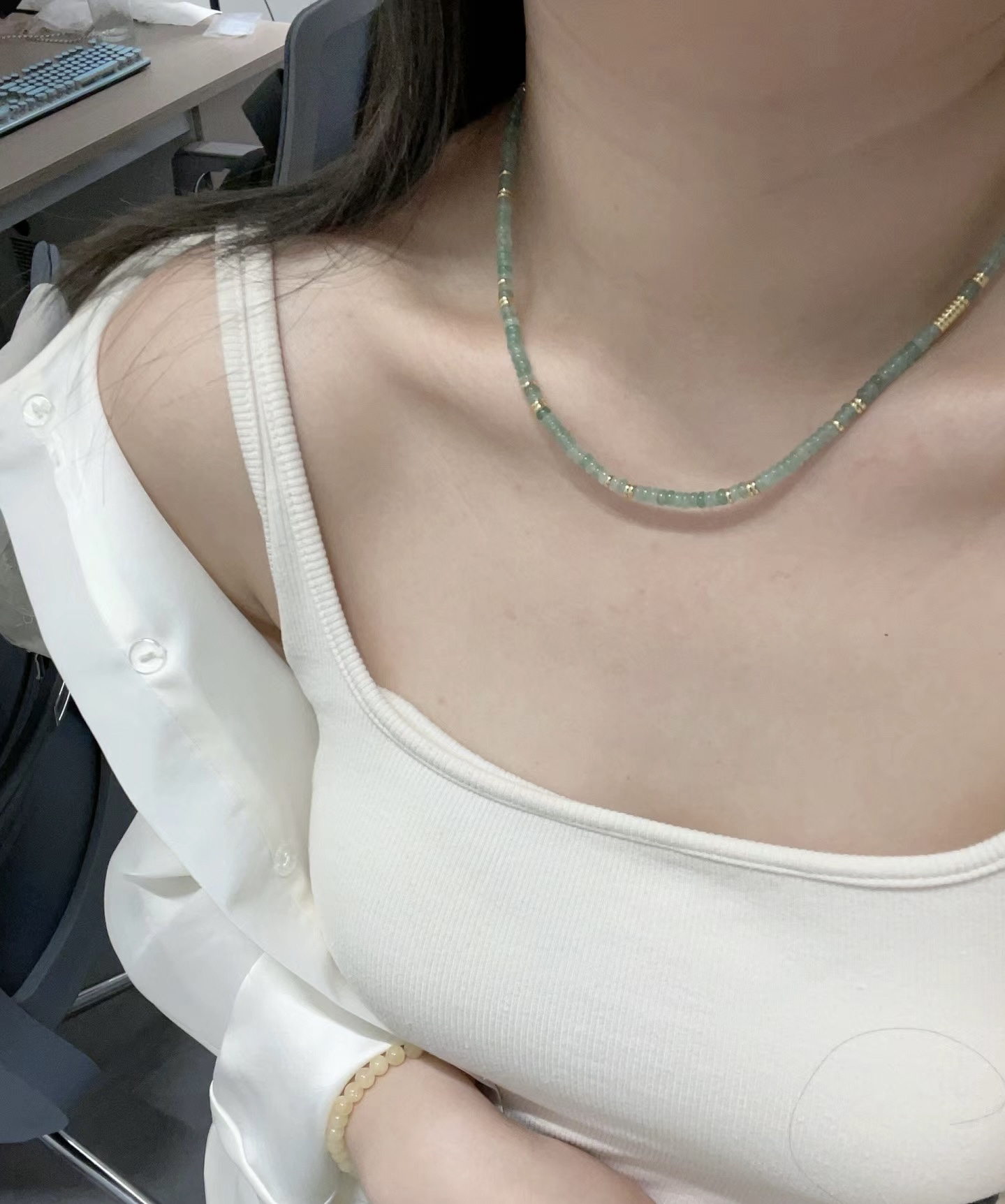 女士夏日绿东陵天然石项链珠锁骨链显白设计小众气质ins简约百搭