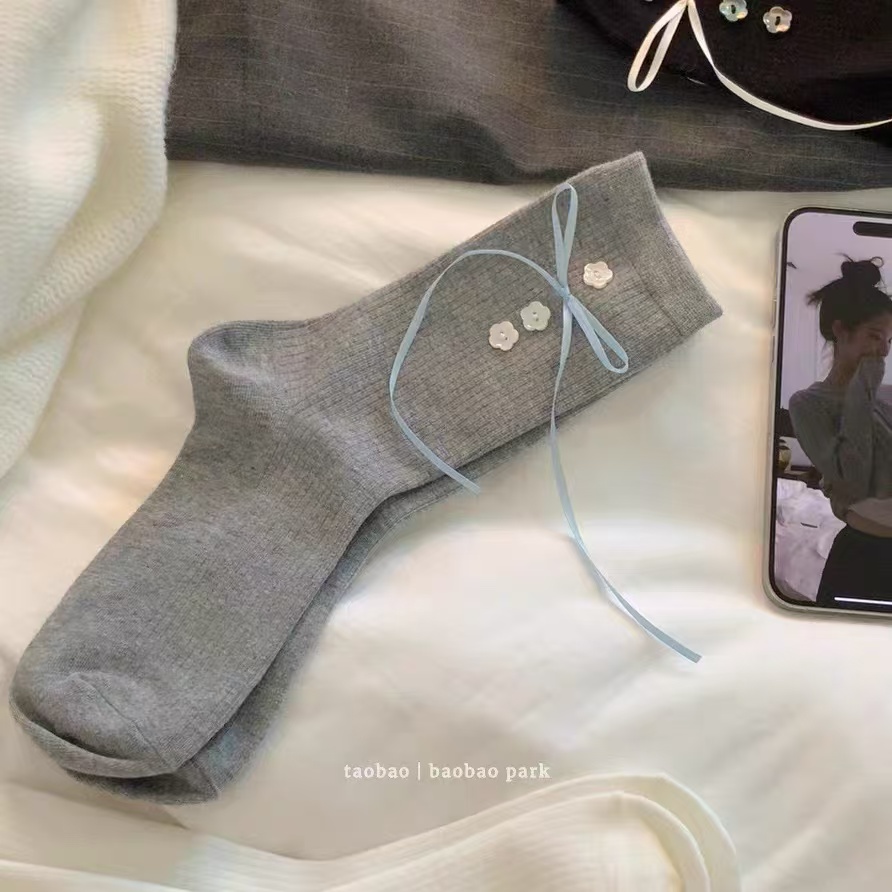 欧货女袜甜美丝带手工蝴蝶结手工缝制花朵纽扣小众饰品袜纯色