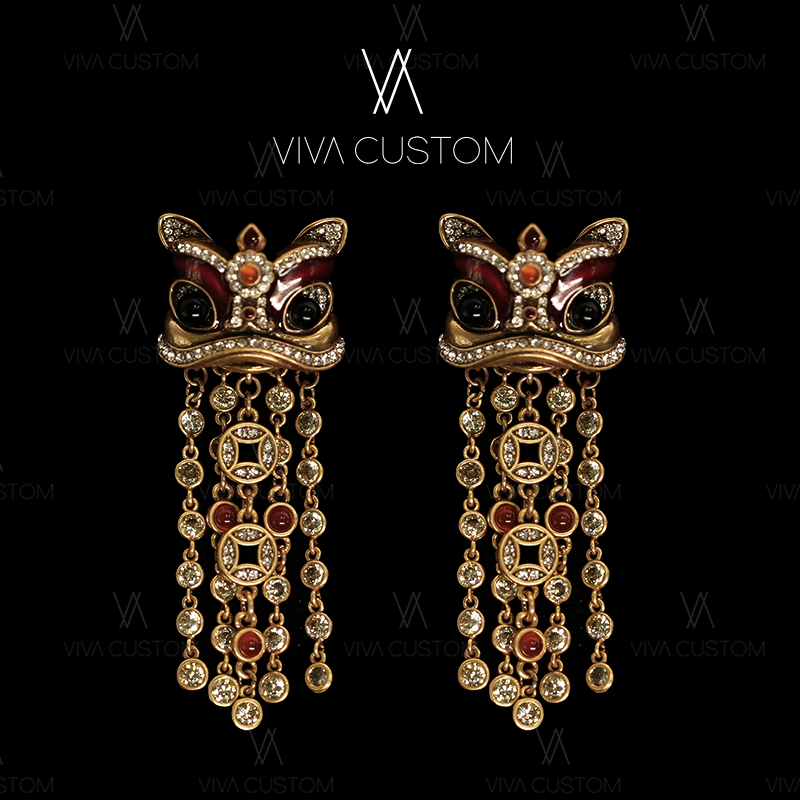 铜合金合成锆石耳饰 新中式系列 醒狮吉祥春节限定款耳钉